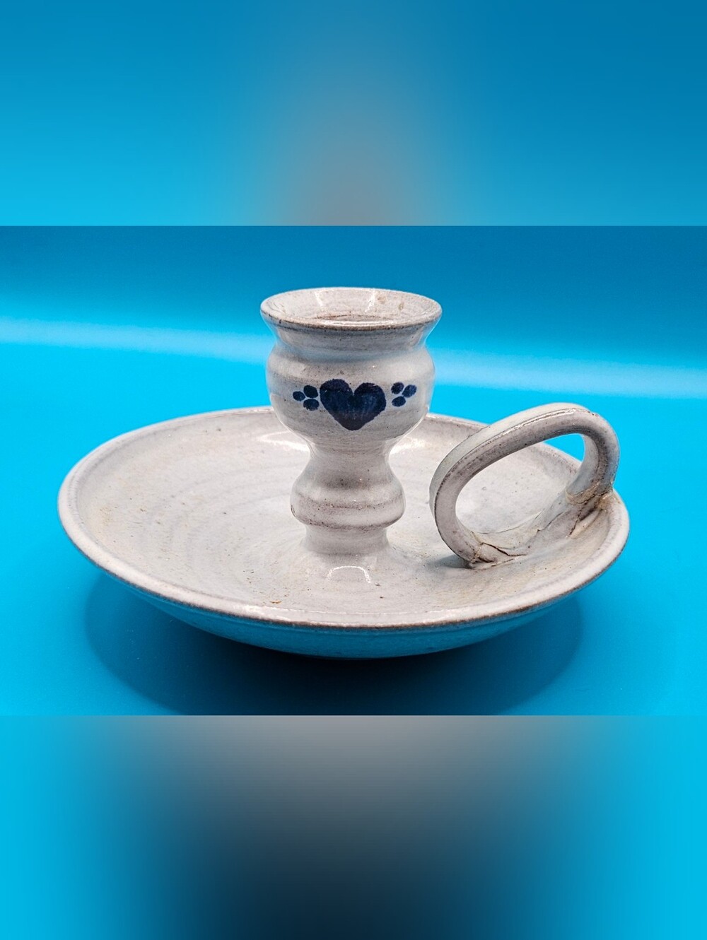 Vintage Owens Hand Turned Pottery Chamberstick Candle Holder w/ Handle